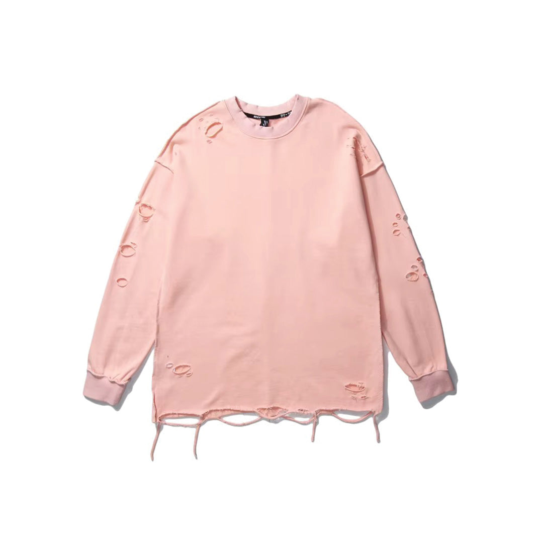 Dune beige distressed loose-fit cotton sweatshirt with ripped patches and worn-in streetwear finish