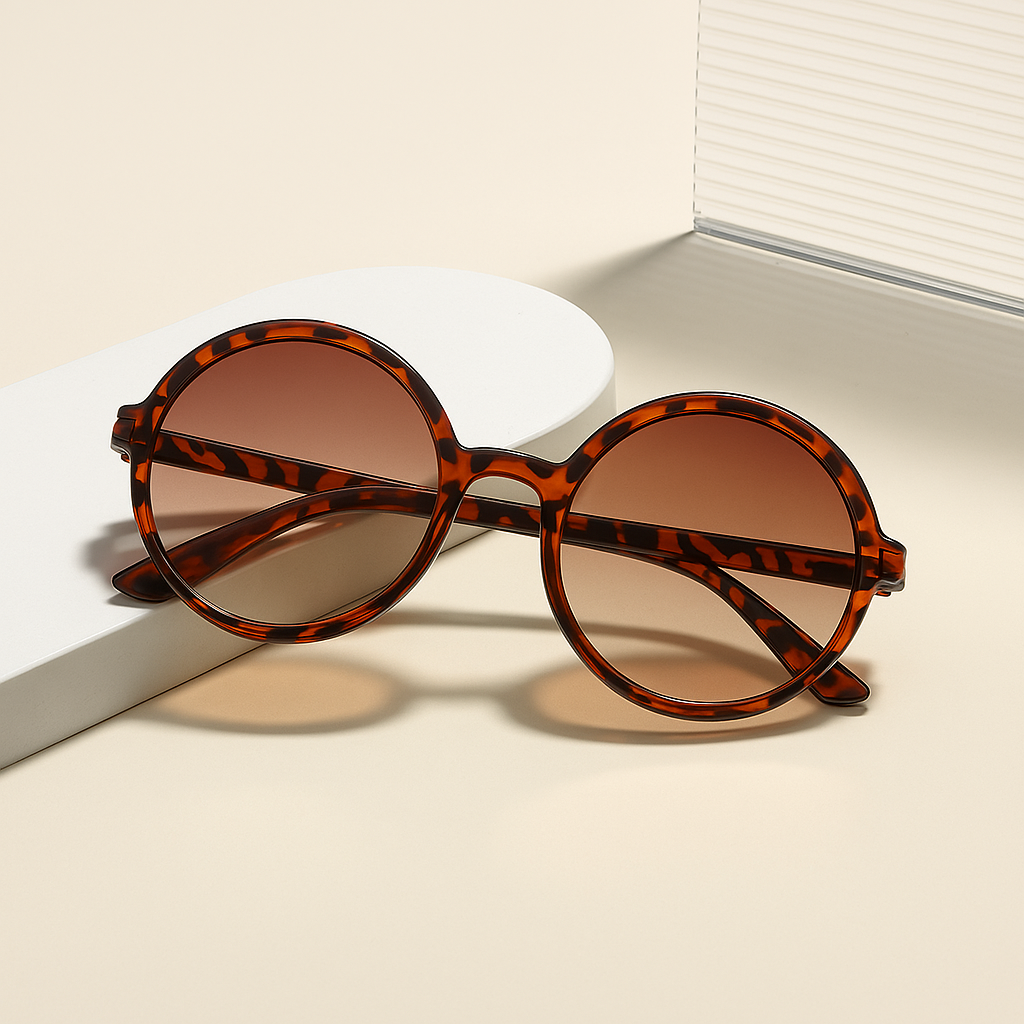 Oversized round tortoiseshell sunglasses with warm gradient lenses and retro-modern acetate frames
