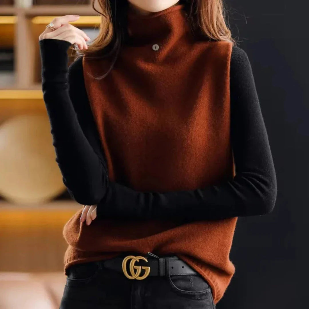 Sophie cream wool turtleneck vest sleeveless slim-fit layering piece with high polished neck