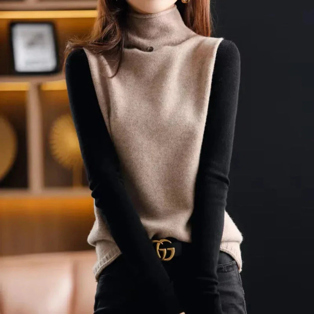 Sophie turtleneck wool vest in neutral tone, sleeveless slim fit with high polished neck collar
