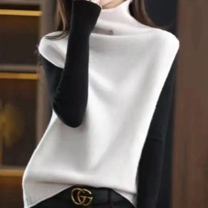 Ivory wool turtleneck vest sleeveless slim-fit layering piece with high polished neck in premium soft knit