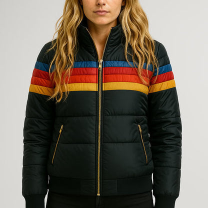 Sorrel waterproof puffer jacket with bold color blocks, ribbed cuffs, and zip-front closure