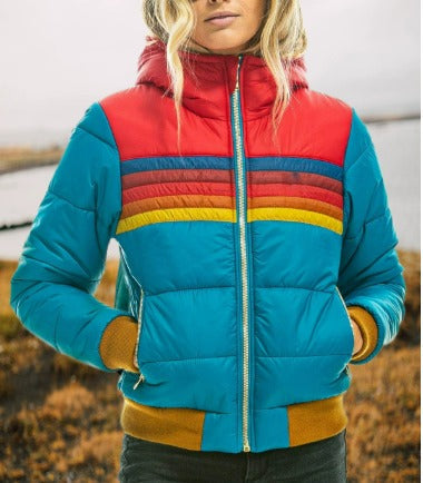 Sorrel waterproof puffer jacket with bold color-block design, ribbed cuffs, and lightweight padded insulation
