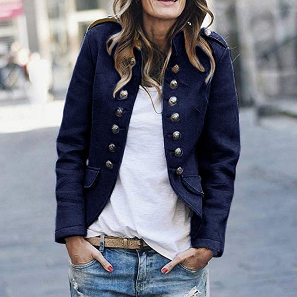 Olive green military style blazer with structured fit and tailored silhouette for women