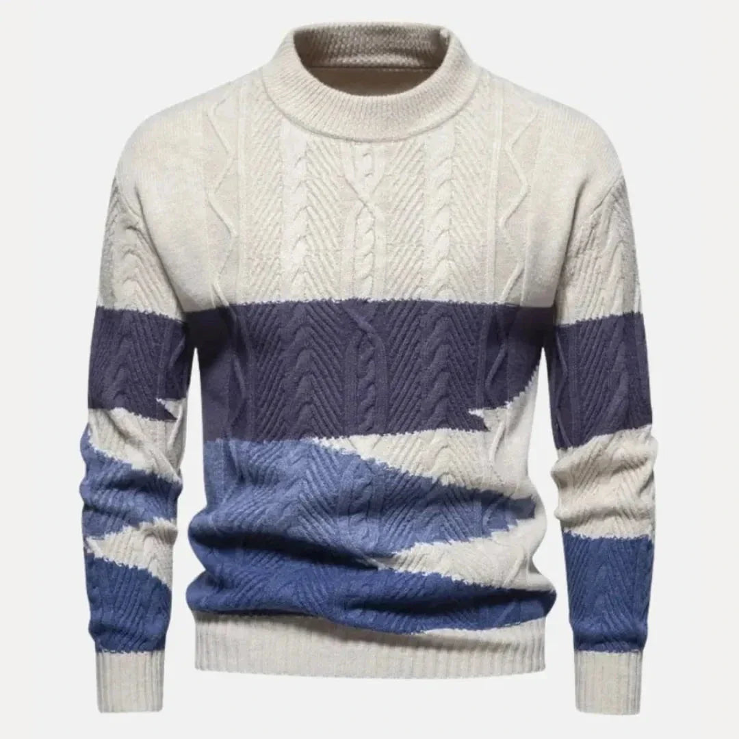 Spencer gradient cable-knit sweater with ribbed cuffs, bold color transition, soft breathable knit blend