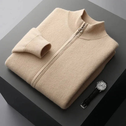 Men's merino wool full-zip sweater ribbed knit texture lightweight breathable layering piece