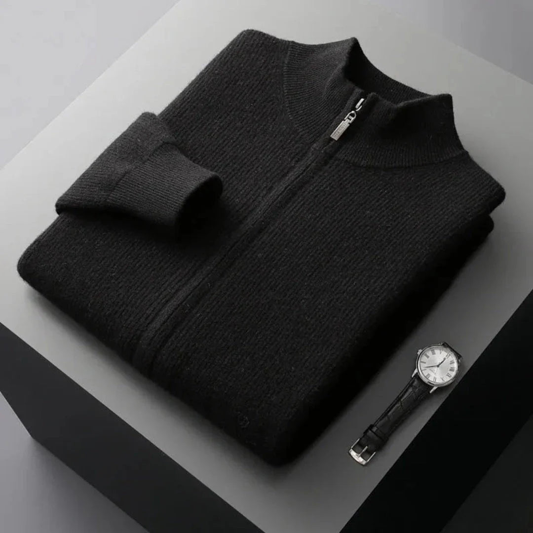 Men's merino wool full-zip sweater with ribbed knit texture, lightweight and breathable layering piece