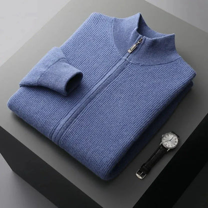 Men's merino wool full-zip sweater with ribbed knit texture, lightweight and breathable layering piece