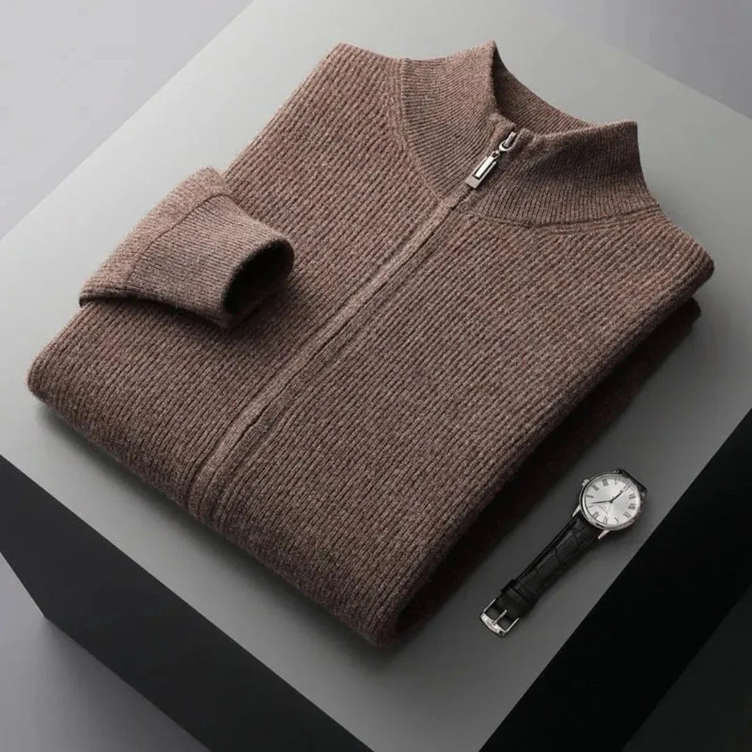 Men's merino wool full-zip sweater with ribbed knit texture, lightweight and breathable layering piece