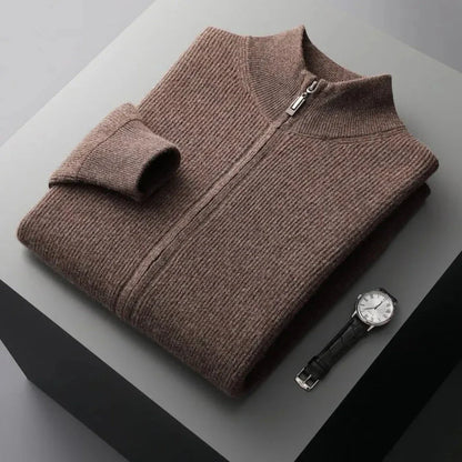 Men's merino wool full-zip sweater with ribbed knit texture, lightweight and breathable layering piece