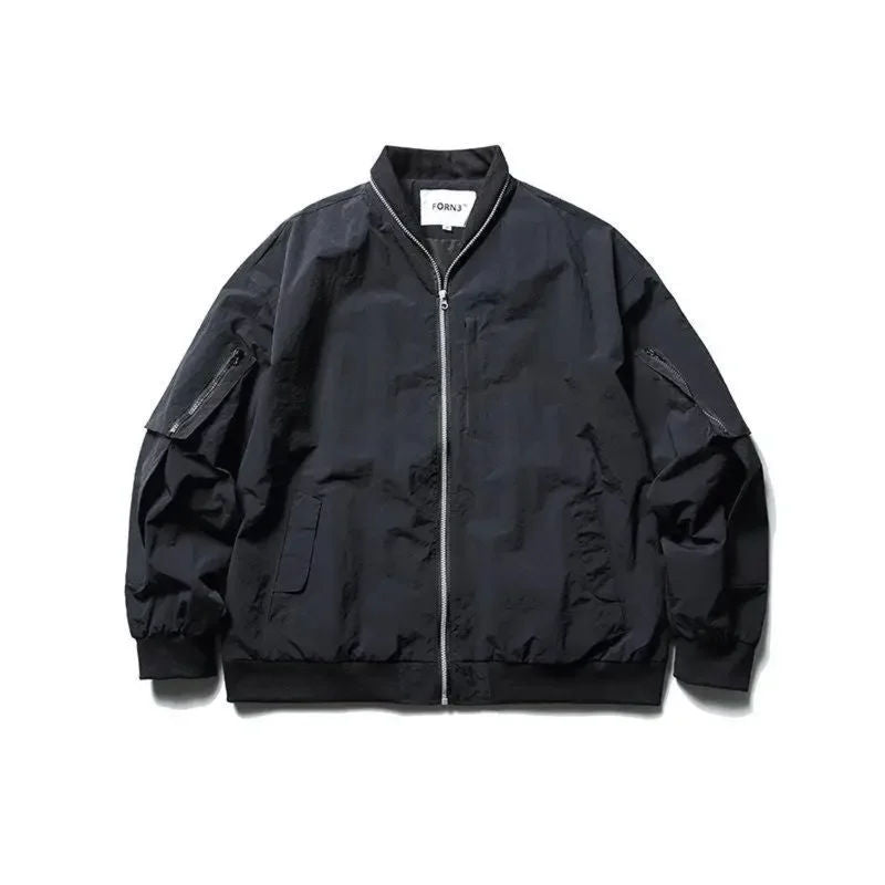Olive nylon windbreaker bomber jacket loose fit multi-pocket utility zipper closure layering piece