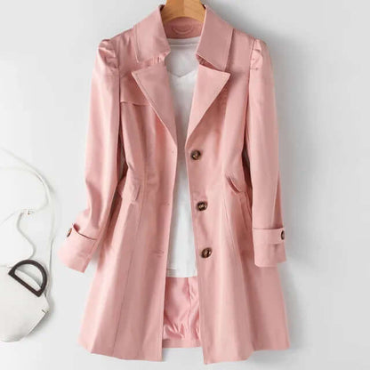 Women's beige classic trench coat Nordic-inspired tailored silhouette with front button closure