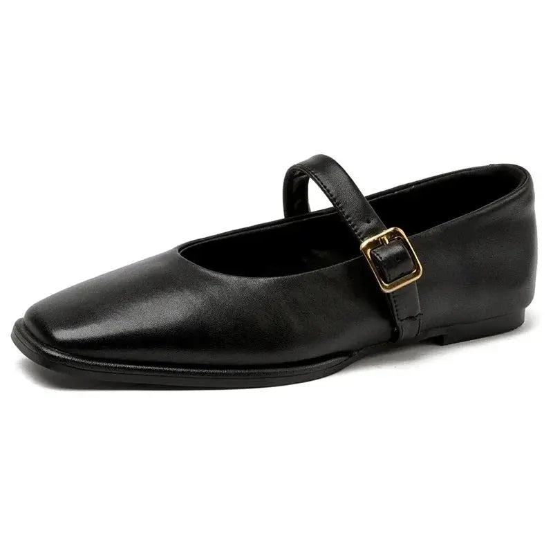 Women's black square toe ballet flats with soft upper, chic minimalist silhouette for everyday wear