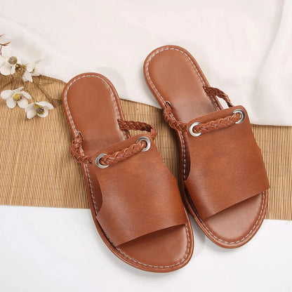 Women's square toe flat sandals in neutral tones, minimalist summer style with open-toe design
