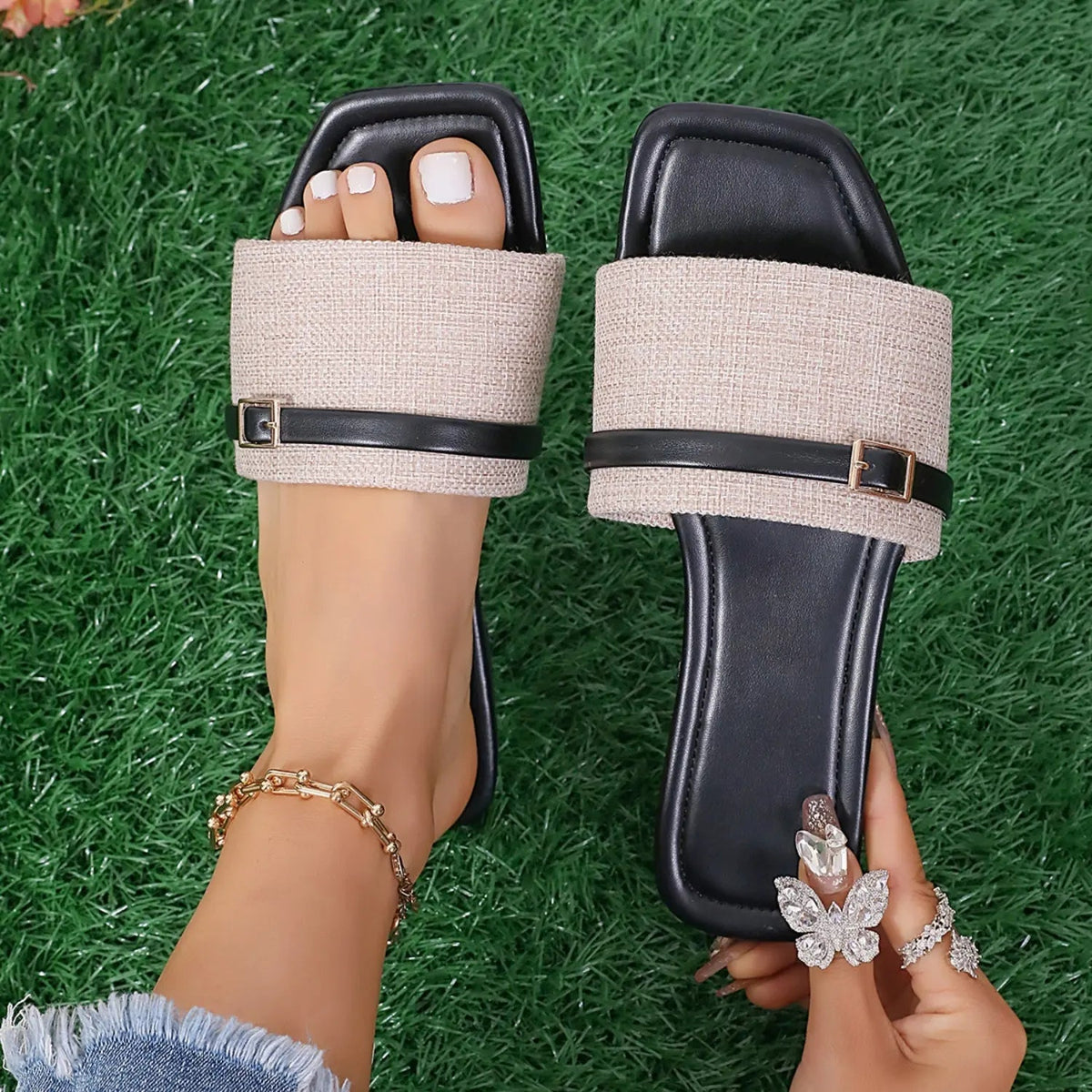 Women's square toe flat slippers in neutral tone, casual silhouette with structured sole