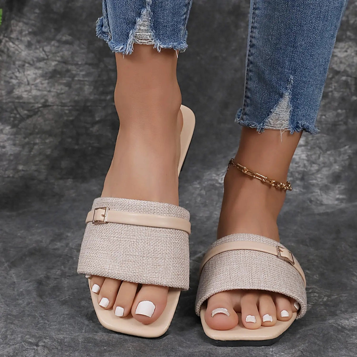 Women's square toe flat slippers in neutral tones, slip-on style with cushioned sole for everyday comfort