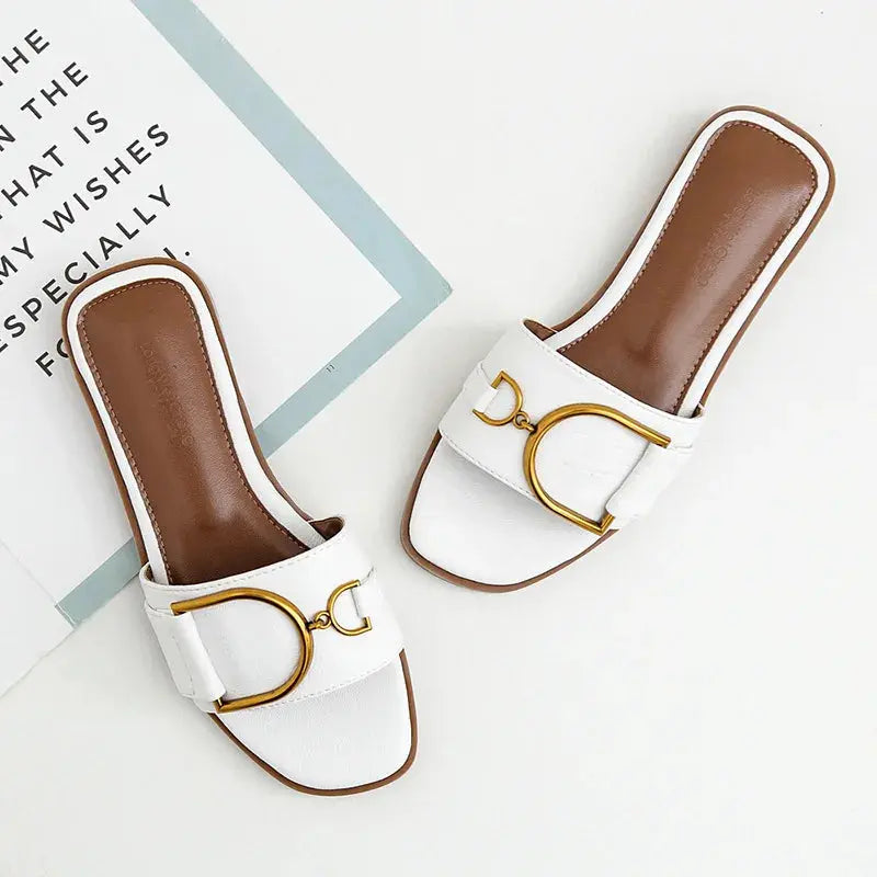 Women's square toe slip-on sandals in neutral tone, chic minimalist summer style with sleek flat silhouette