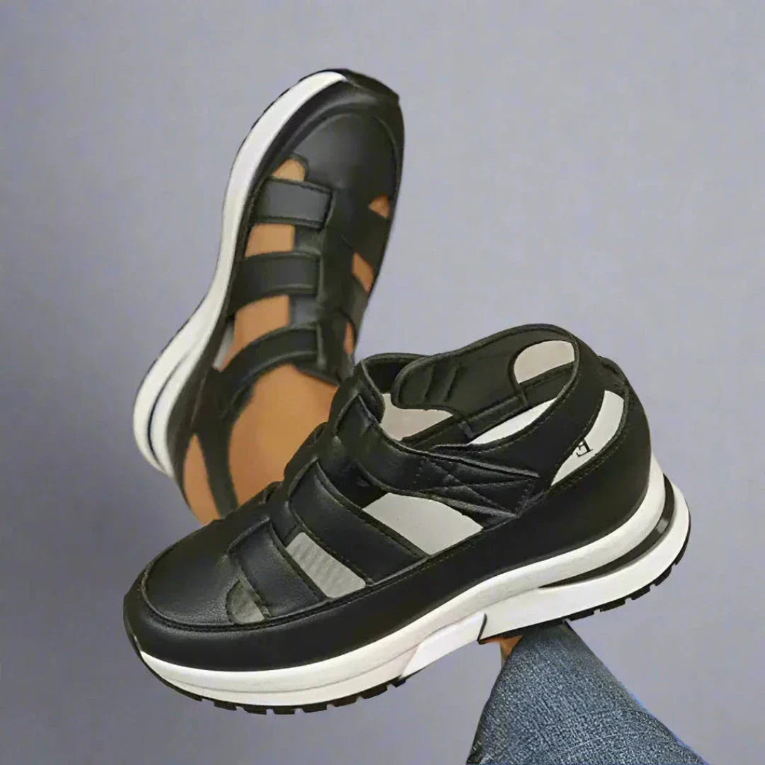 Stacey comfort platform sandals with adjustable straps, cushioned sole, and open cut-out design