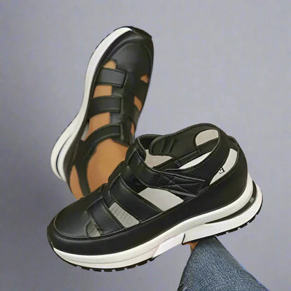Stacey comfort platform sandals with adjustable straps, cushioned sole, and open cut-out design