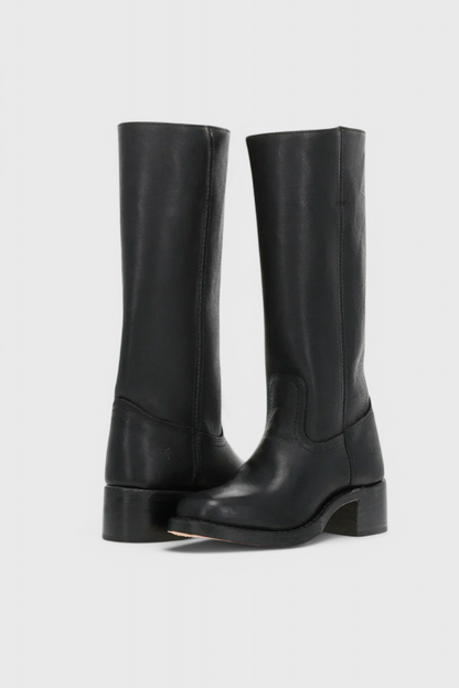 Women's black premium leather knee-high boots with sleek silhouette and refined stacked heel