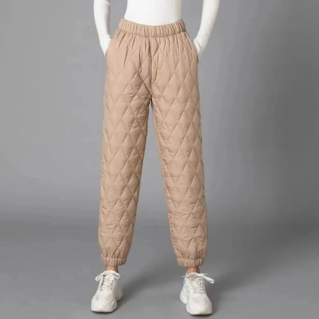 Stacy black quilted thermal jogger pants with diamond-quilted exterior for winter warmth