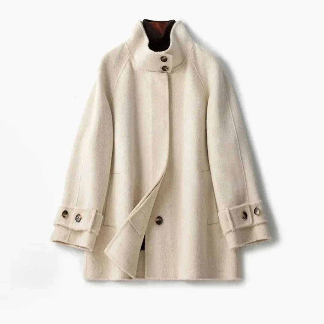 Stella camel cashmere high-neck double-breasted coat with adjustable cuff straps structured silhouette