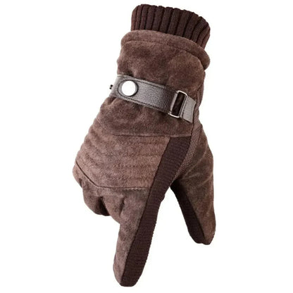 Black suede winter gloves with faux-fur lining, touchscreen-compatible fingertips and leather wrist strap