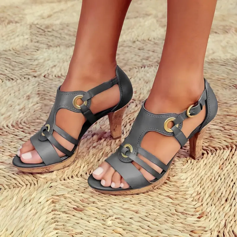 Women's beige strappy high-heel sandals with slim strap network, slingback, and elegant cone heel