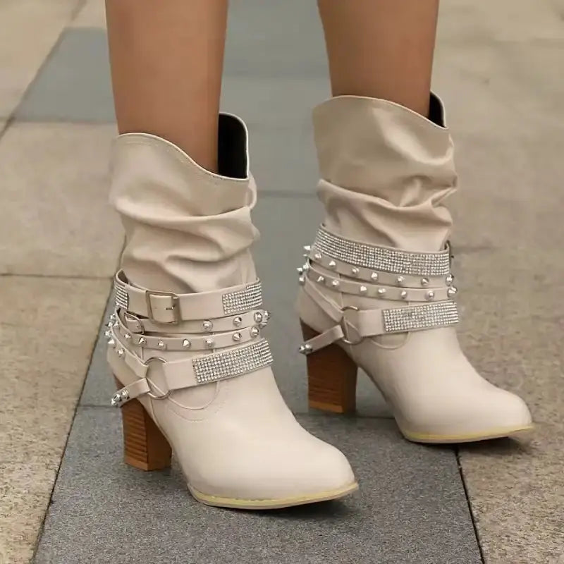 Women's black ankle boots with rhinestone belt buckle embellishment, chic block heel, strass detailing