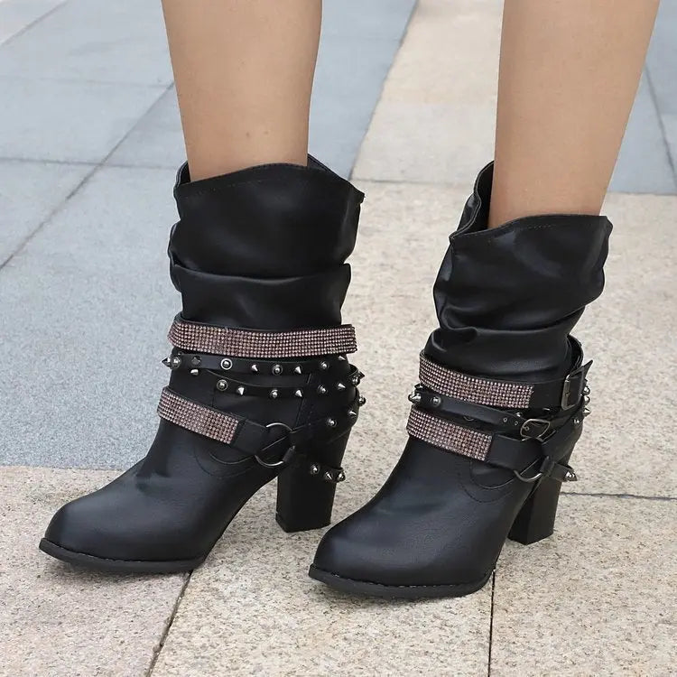 Women's black ankle boots with rhinestone buckle strap embellishment, chic block heel silhouette