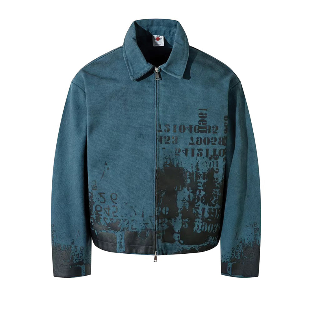 Beige loose-fit cotton canvas jacket with distressed finish, clashing numbers print, and dual zipper closure