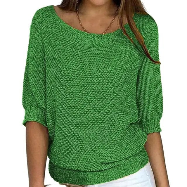 Zoe lightweight knit sweater with batwing sleeves, wide neckline, and relaxed fit for effortless style