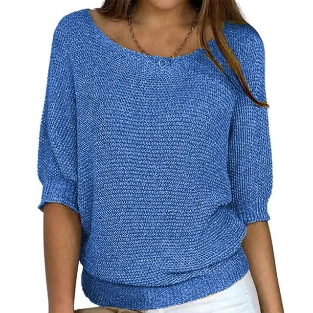 Zoe lightweight knit sweater with batwing sleeves, wide neckline, and relaxed fit for effortless layering
