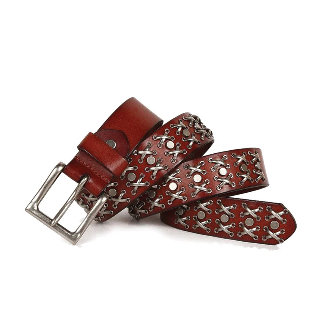 Genuine leather western belt with steel stud accents and alloy buckle, bold contemporary accessory for men