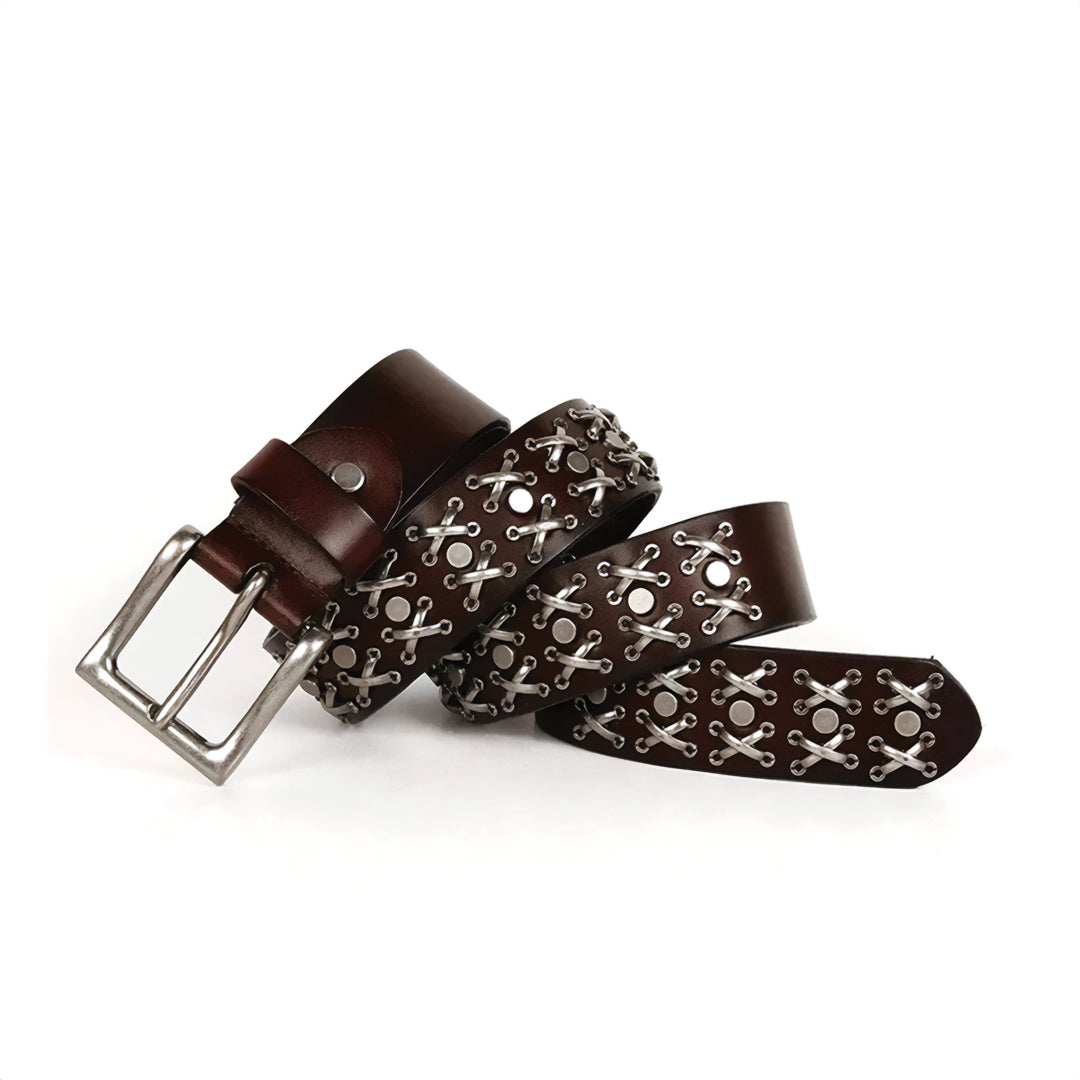 Genuine leather western belt with steel stud accents and alloy buckle, modern cowboy style for men