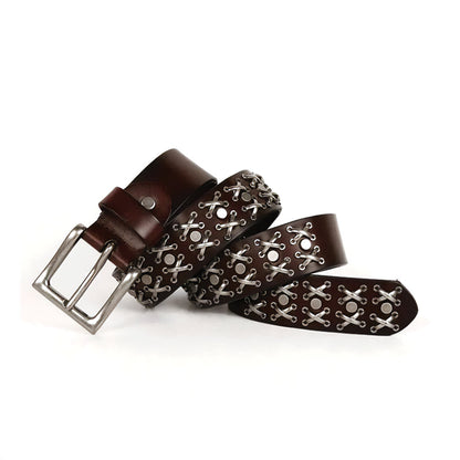 Genuine leather western belt with steel stud accents and alloy buckle, modern cowboy style for men