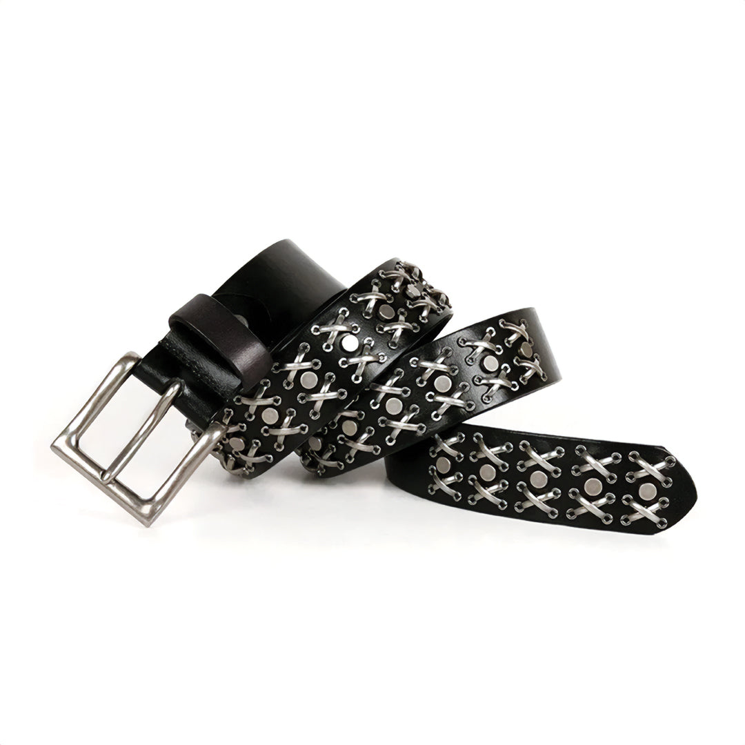 Genuine leather western belt with steel alloy buckle and bold metal stud accents for men