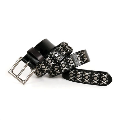 Genuine leather western belt with steel alloy buckle and bold metal stud accents for men