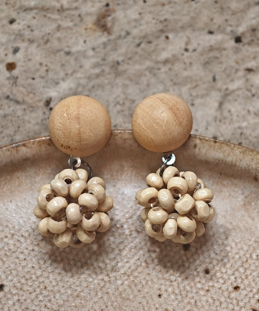 Boucles d'oreilles pendantes en argent sterling beige tissées en bois - Wavlynn