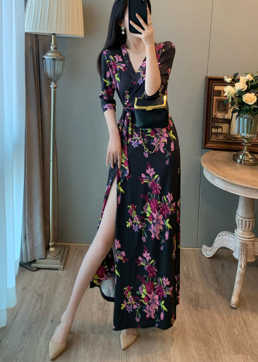 Robe de vacances d'été noire à imprimé nouée à la taille - Wavlynn