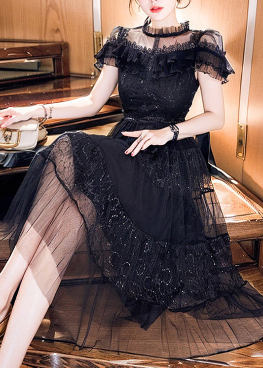 Robe noire en tulle brodée à volants style patchwork pour l'été - Wavlynn