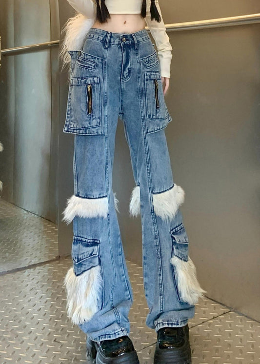 Pantalon évasé en denim avec poches bleues et fourrure duveteuse, style printemps - Wavlynn