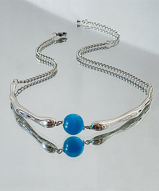 Collier avec pendentif en perles rondes en acier inoxydable bleu - Wavlynn
