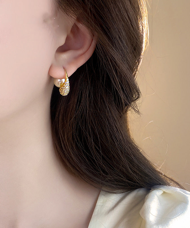 Boucles d'oreilles créoles en alliage de cuivre doré et perles de zircon - Wavlynn