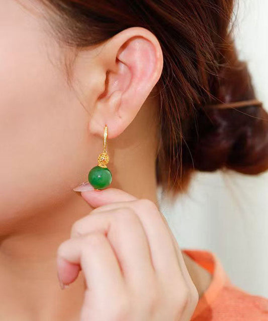 Boucles d'oreilles pendantes en jade doré sur argent Style Green Stelring - Wavlynn