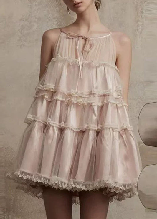 Robe mi-longue rose à col rond et volants en dentelle patchwork et tulle pour l'été - Wavlynn