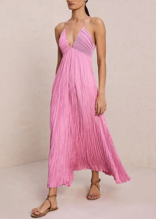 Robe d'été rose à bretelles spaghetti et col en V en coton froissé - Wavlynn