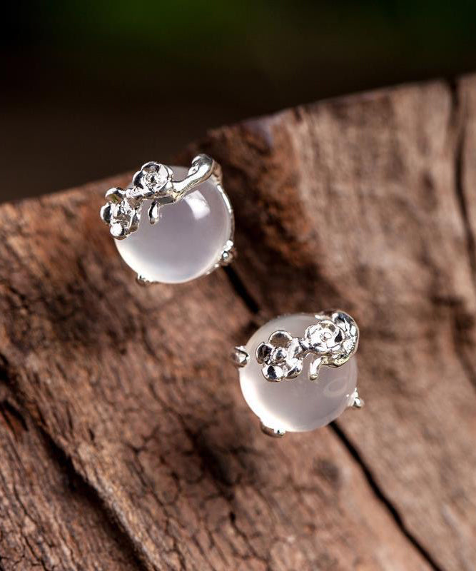 Boucles d'oreilles à tige en argent sterling incrustées de fleurs de prunier de style soie - Wavlynn