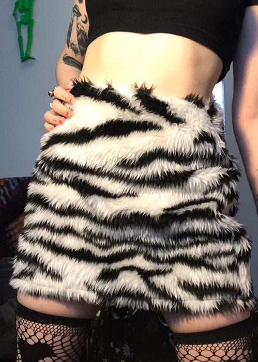 Jupe en fausse fourrure noire taille haute à motif zèbre style printemps - Wavlynn