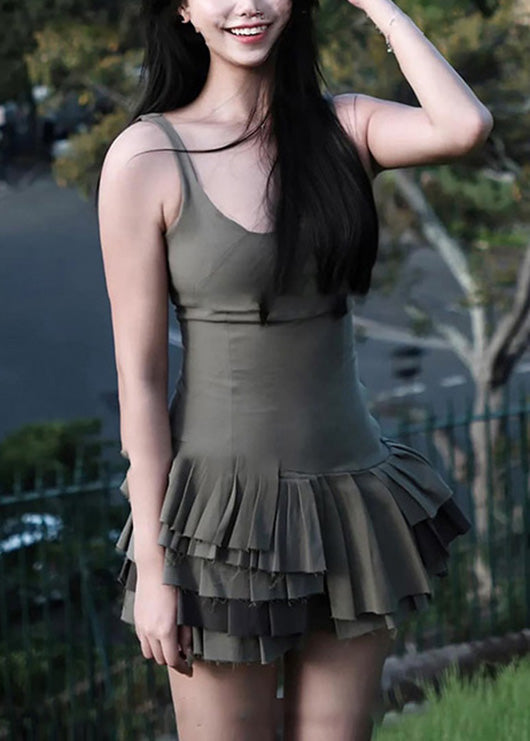 Robe d'été élégante en coton patchwork à volants vert armée à bretelles spaghetti - Wavlynn